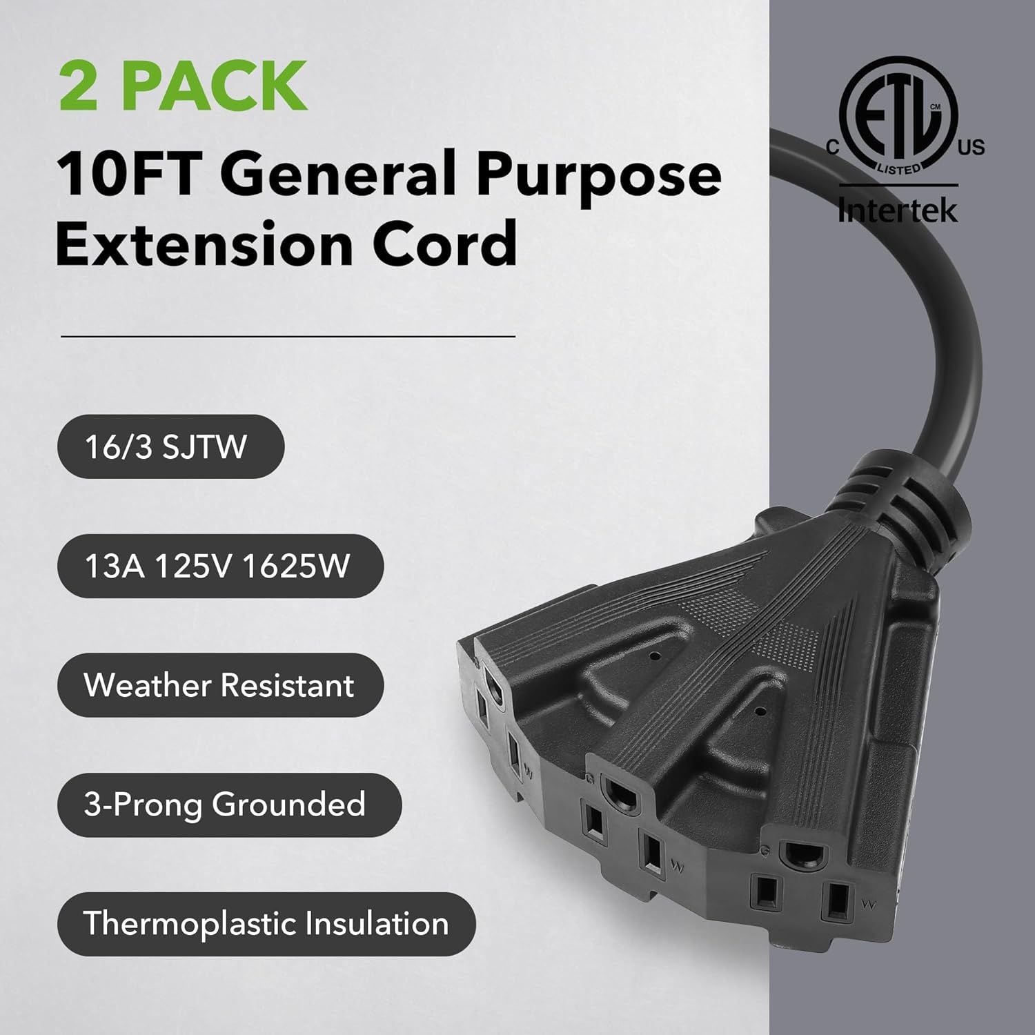 2 Pack Outdoor Extension Cord Set is Ideal for Holiday Yard Decorations and Garden Equipment. with Three outlets You can Plug in Loads up to a Total of 13amps/1625watts. (Black, 10ft)