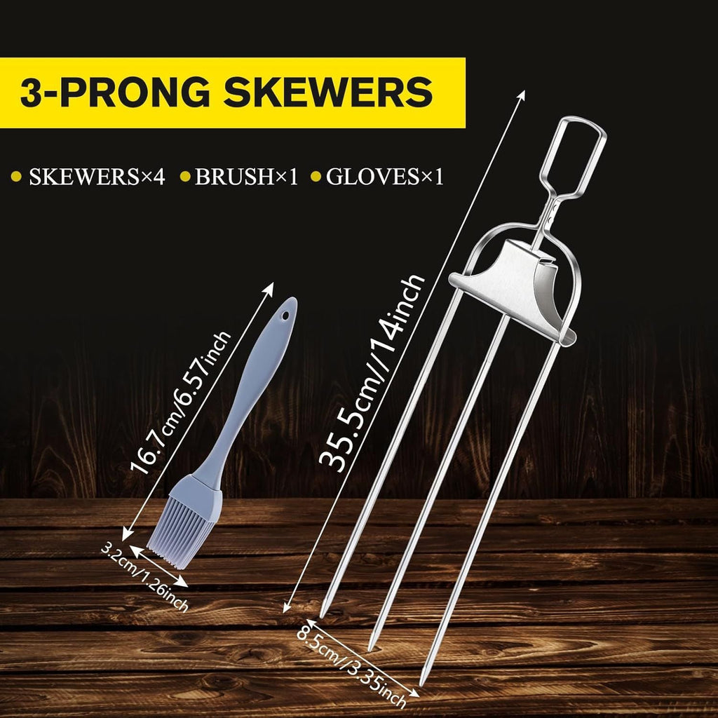 4PCS Kabob Skewers for Grilling, 14'' Stainless Steel Kebab Skewers, 3 Prong Metal Grill Skewer with Push Bar Slider, Skewer Sticks for Meat Veggies Fruits Marshmallows, BBQ Barbecue Accessories
