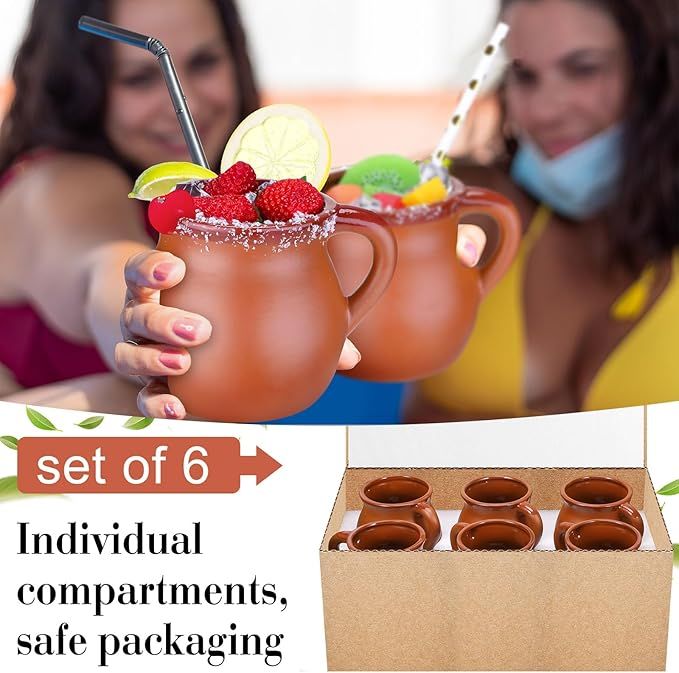 Pack of 6 12 oz Cantaritos De Barro Clay Cups Mexican Clay Mugs Fiesta De Barro Mexicanos Coffee Mugs, Cocktail Glasses and Tea Cups for Tequila, Margaritas, Mojitos Cold Hot Drinks (Brick Red)