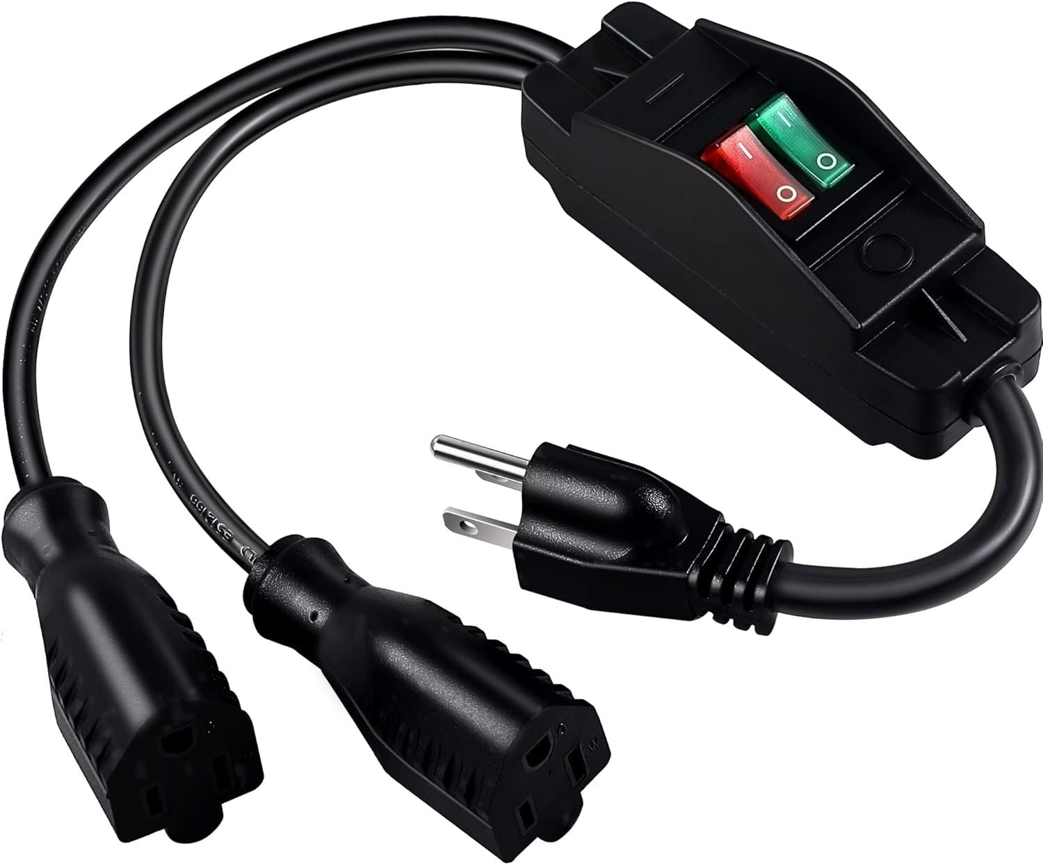 2 Way Extension Cord with On/Off Switch, 3 Prong Outdoor Extension Cord Splitter, Heavy Duty SJTW 14AWG 15A/125V and 18AWG 10A/125V Power Cord (1.6 Ft, Black)