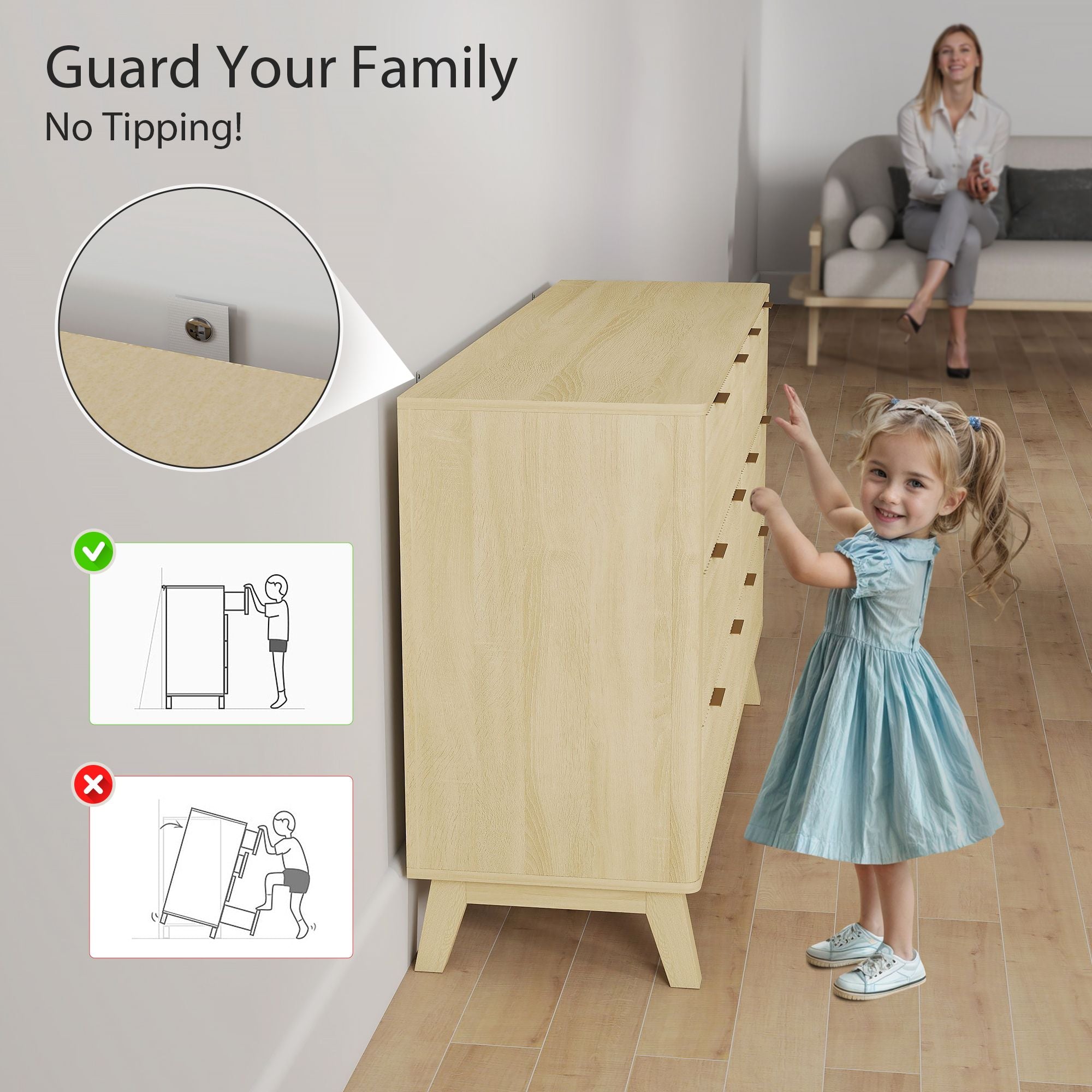 HOMCOM 6 Drawer Double Dresser for Bedroom, Fluted Chest of Drawers with Gold Finger Pulls and 5 Wood Legs, Natural Wood