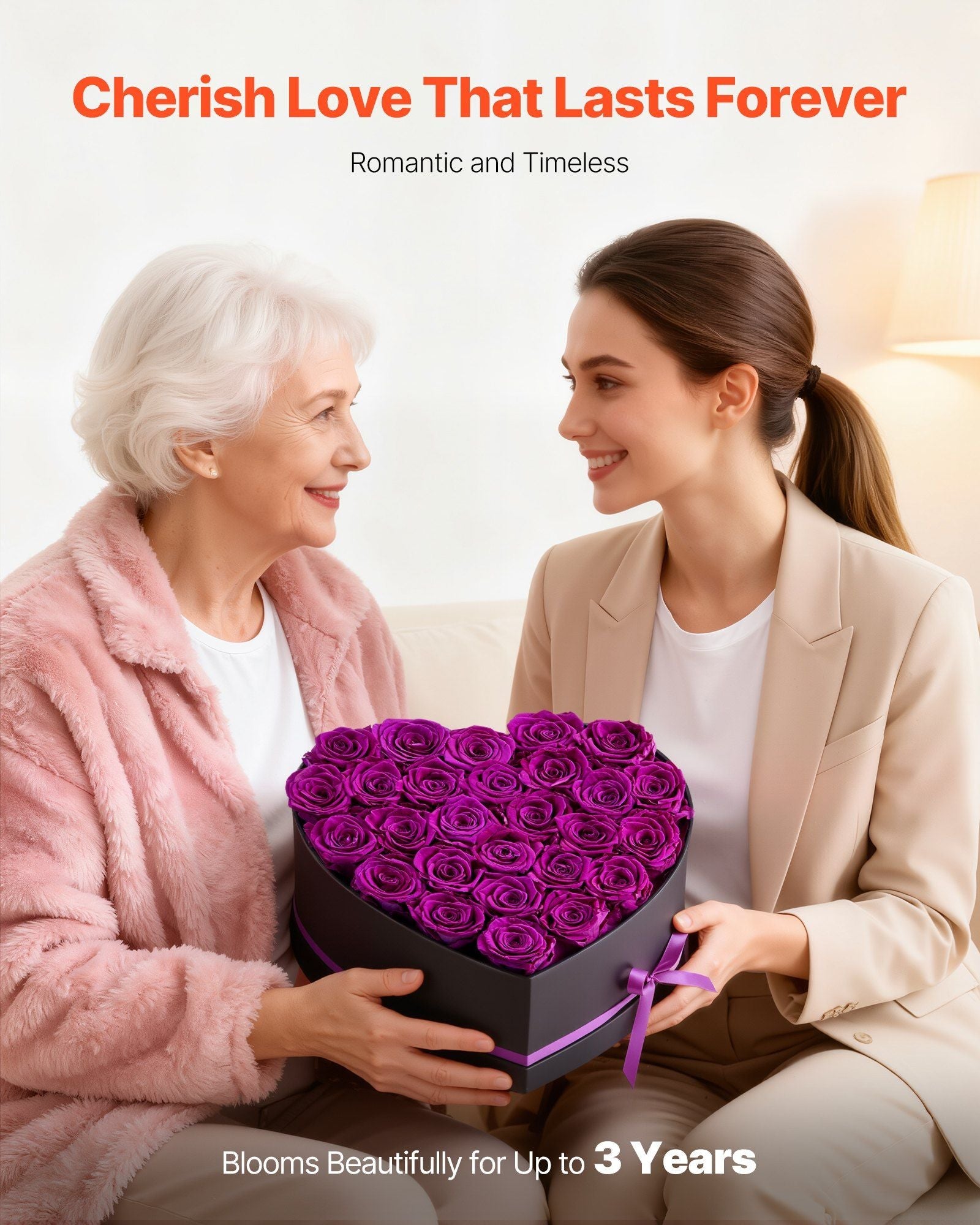 Forever Flowers, 27 Preserved Roses in Heart Shape Box, Eternal Flowers Immortal Bouquet Birthday Present for Women Her Wife Mothers, Anniversary, Valentine's Day,Christmas, Purple