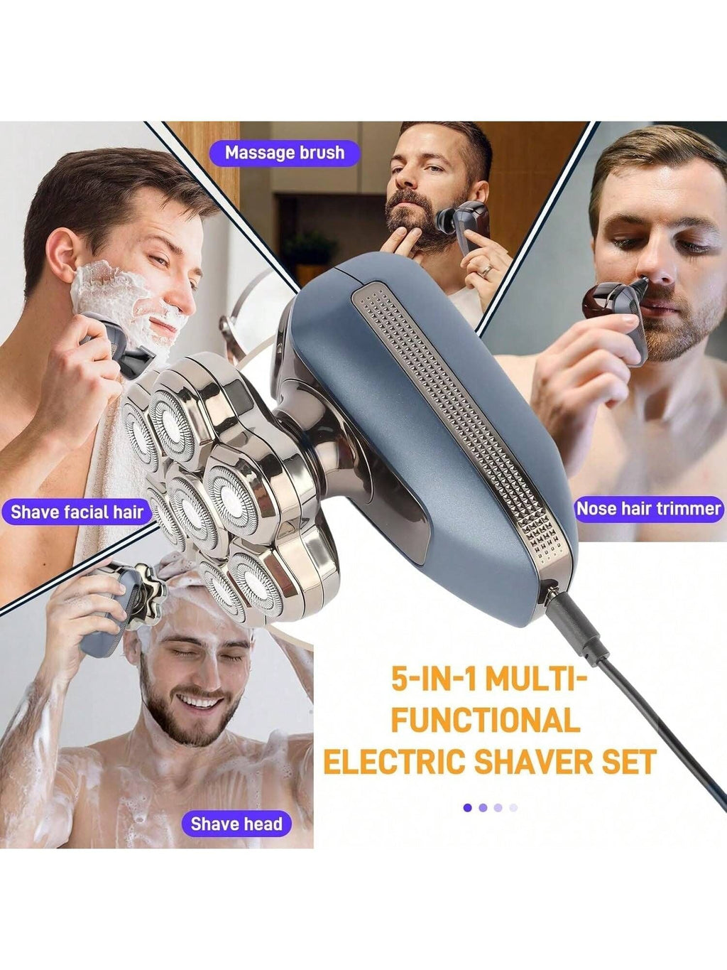 Head Shaver for Bald Men, 7D Electric Rotary Razor 5-in-1 Grooming Kit with Nose Hair Trimmer, Sideburn Clipper & Facial Brush, USB Rechargeable Wet & Dry IPX6 Waterproof Shaver with LED Display