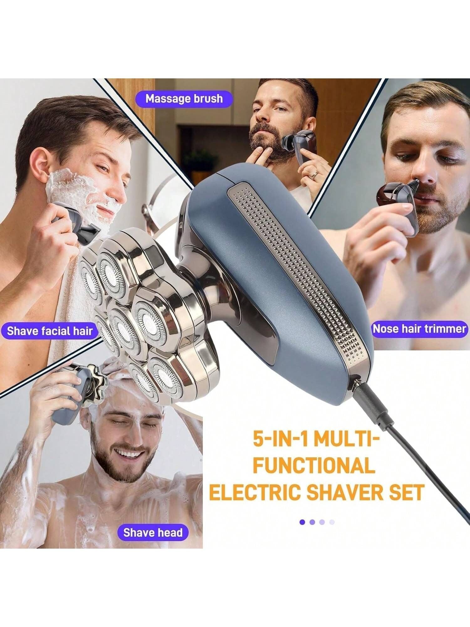 Head Shaver for Bald Men, 7D Electric Rotary Razor 5-in-1 Grooming Kit with Nose Hair Trimmer, Sideburn Clipper & Facial Brush, USB Rechargeable Wet & Dry IPX6 Waterproof Shaver with LED Display