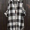 Plus Size Casual Blouse, Women's Plus Gingham Print Button Up Roll Up Sleeve Turn Down Collar Blouse