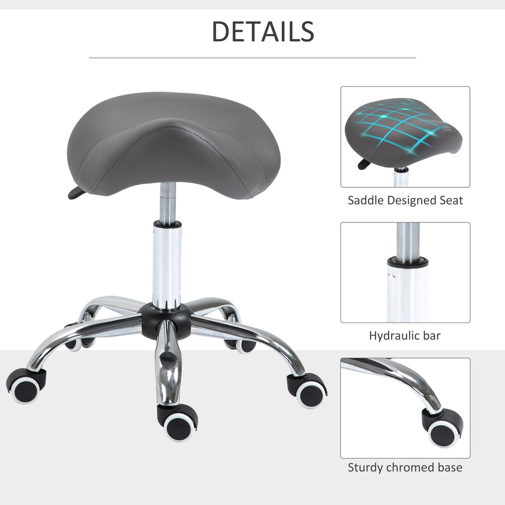 Saddle Stool Adjustable Hydraulic Rolling Beauty Salon Stool Ergonomic PU Leather Stool Round Grey
