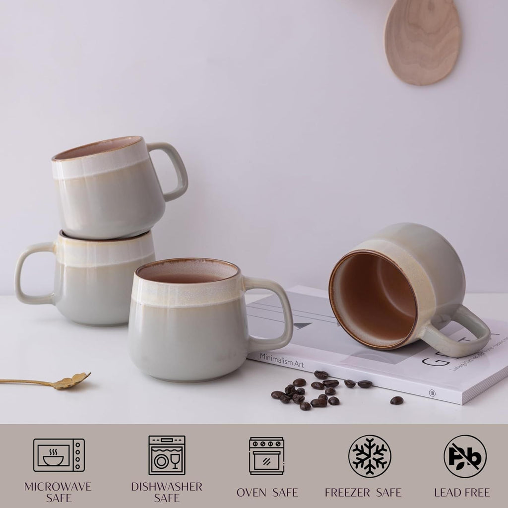 Ceramic Coffee Mugs Set of 4 | 12 oz Stoneware Coffee Cups | Lead-Free, Non-Toxic | Microwave and Dishwasher Safe | Comfortable Handle | Aesthetic Nordic Design for Tea and Latte | Sage