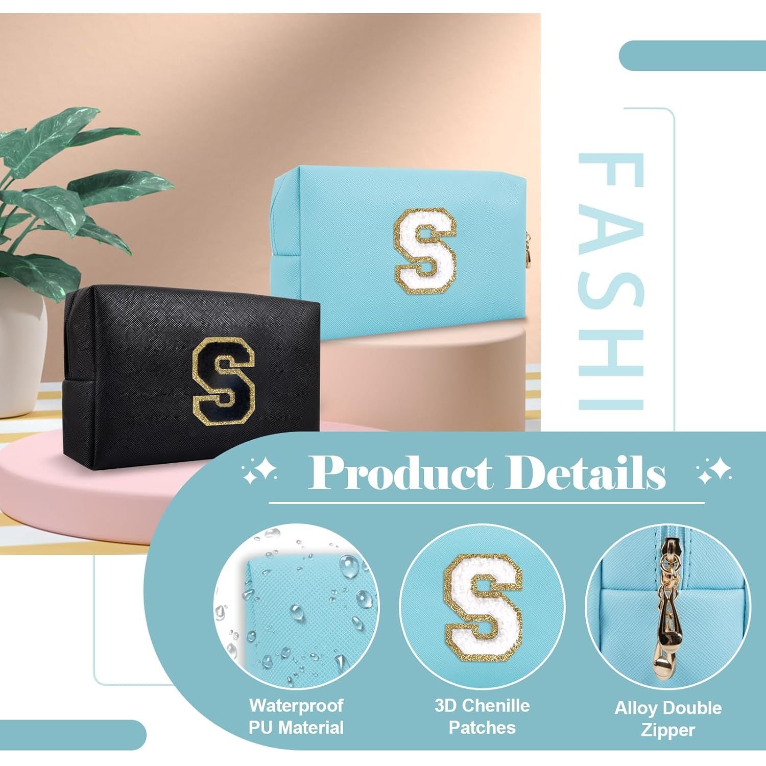 Small Personalized Initial A-Z Preppy Patch Makeup Bag,PU Chenille Letter Travel Cosmetic Pouch with Zipper,Blue Cute Toiletry Bag,Gift Ideal for Teen Girls Women Teacher Bridesmaid,Letter S
