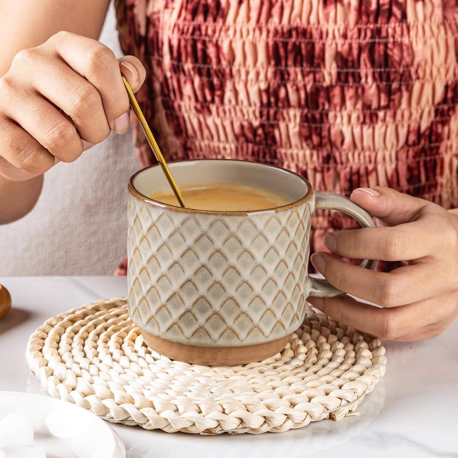 12OZ Stackable Coffee Mugs, Ceramic Coffee Mugs with Texture Patterns for Man,Woman,Dad,Mom, Modern Coffee Mugs Set of 4 for Latte/Cappuccino/Cocoa. Dishwasher&Microwave Safe, Pale Khaki