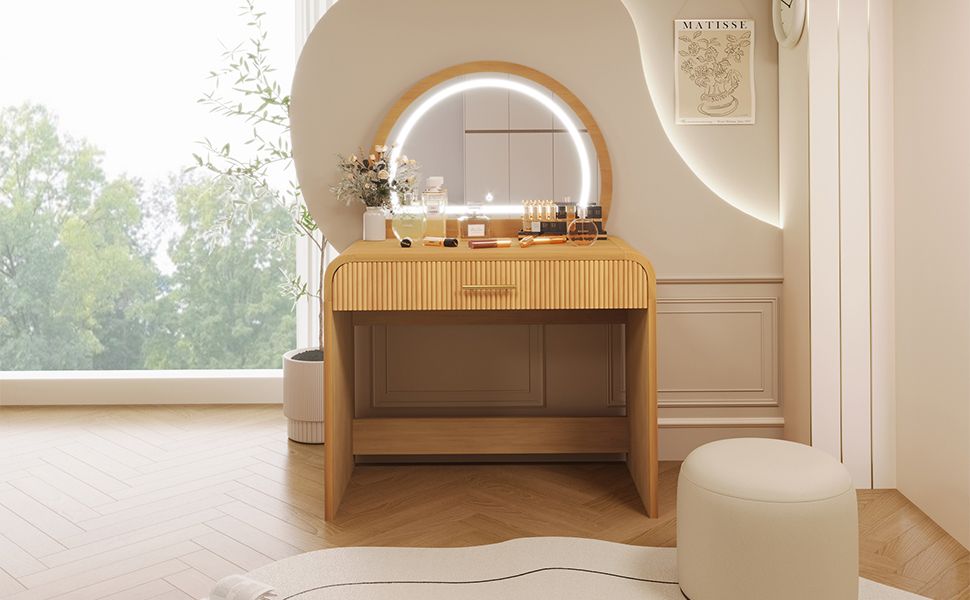 39" Makeup Vanity Table with Mirror Touch Screen Lighted Mirror, Dressing Table with Drawer for Bedroom, Natural