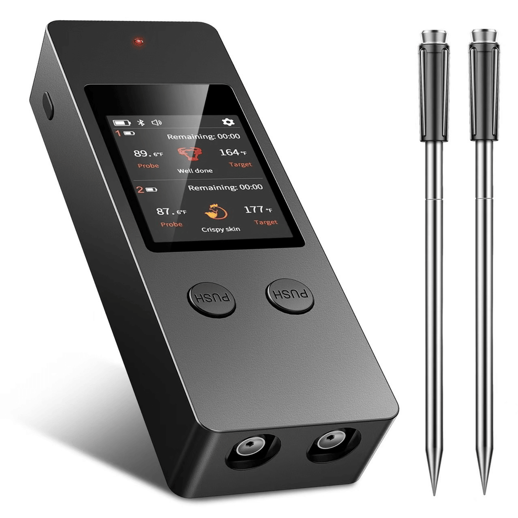 PSJX369 BBQ Meat Thermometer-SUS304 Stainless Steel with Bluetooth 5.2 Connectivity (700ft range), 24-hour battery life, 1-second response time. Features probe temperature display and audible alarm.
