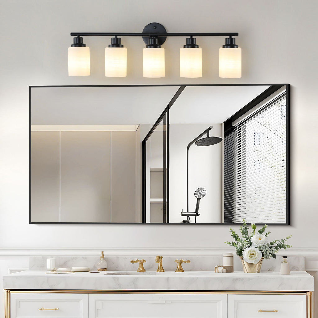 31" Modern 5-Light Vanity Bathroom Mirror Light, Frosted White Glass with Black Iron Frame, Contemporary Wall Sconce for Bedroom, Bathroom, and Dressing Room (Bulb Not Included)