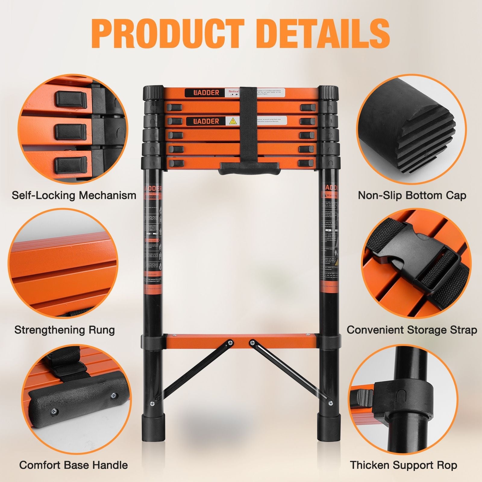 Telescopic Roof Ladder, Heavy-Duty Stainless Steel with Anti-Slip Feet, 330 LBS Load Capacity, Suitable for RV, Roof & Multi-Scene Use