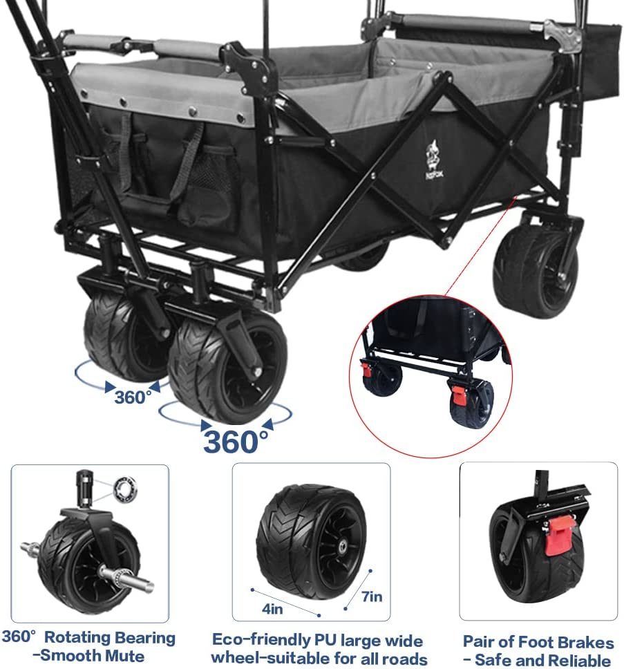 Collapsible Wagon Heavy Duty Folding Wagon Cart with Removable Canopy, 4" Wide Large All Terrain Wheels, Brake, Adjustable Handles,Cooler Bag Utility Carts for Outdoor Garden Beach