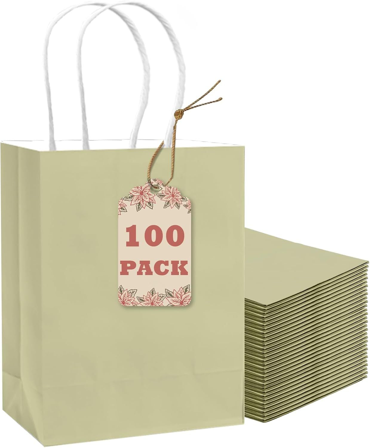 100Pcs Paper Gift Bag with Handles Eggshell Green Party Favor Bags Multiple Uses (8.3"x3"x6", Small Size)