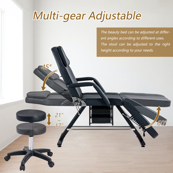 Massage Salon Tattoo Chair with Two Trays Esthetician Bed with Hydraulic Stool, Multi-Purpose 3-Section Facial Bed Table, Adjustable Beauty Barber Spa Beauty Equipment, Black