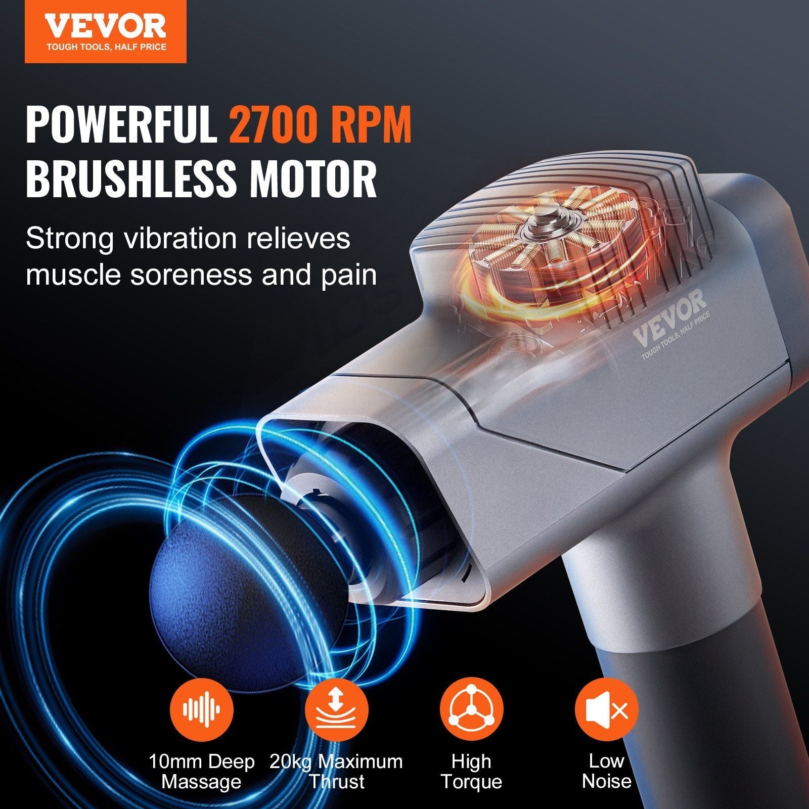 VEVOR Deep Tissue Percussion Massage Gun - 8 Speeds & 6 Heads for Athletes, Portable Handheld Massager for Pain Relief & Muscle Recovery