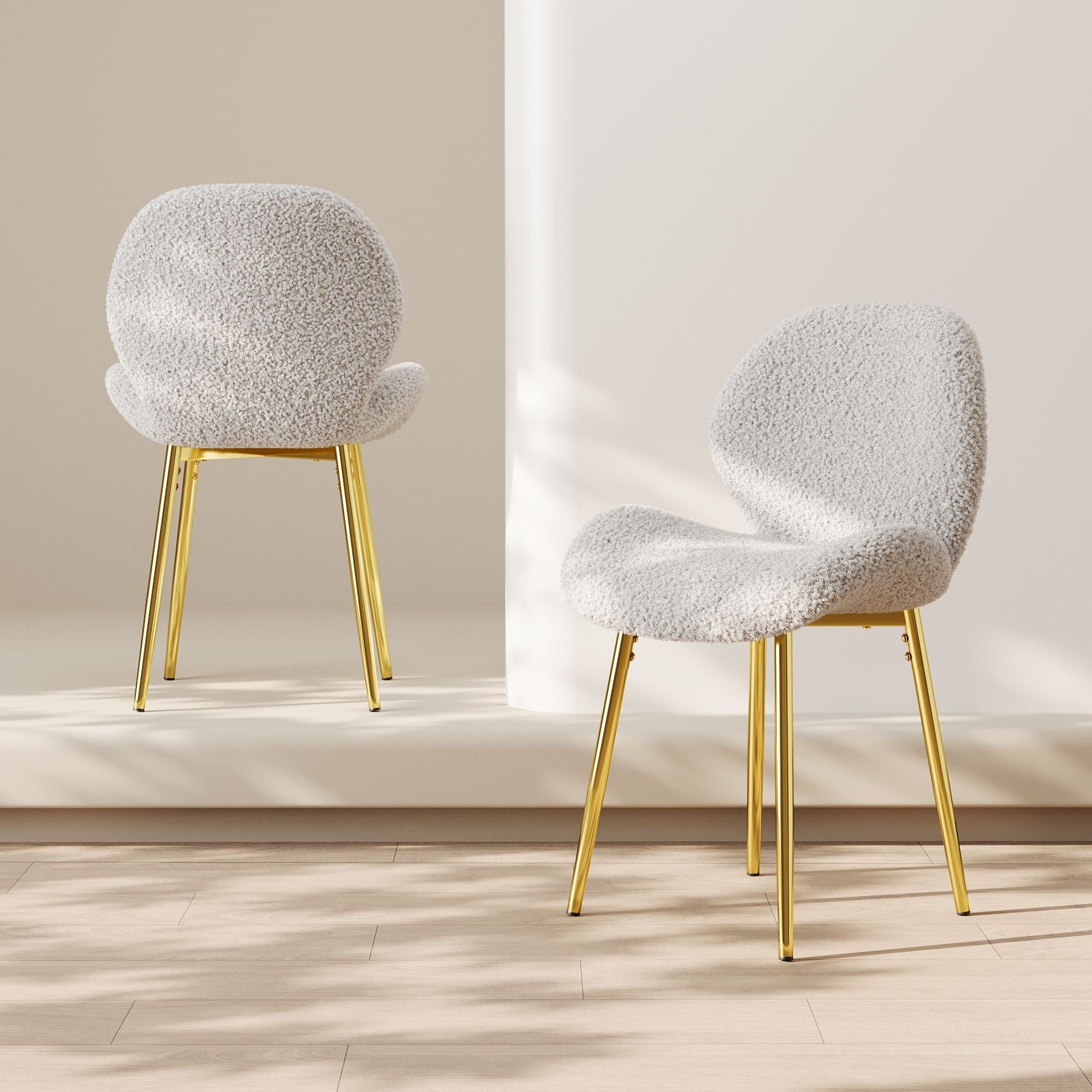 Modern minimalist white teddy velvet Dining Chairs Set of 2 with sturdy gold metal legs and comfortable backrest design, suitable for restaurants, kitchens, and offices.