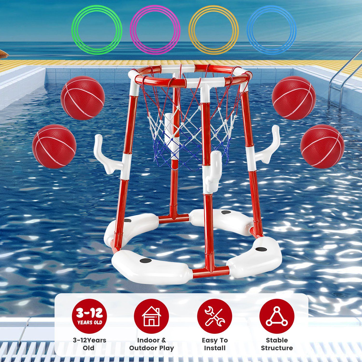 Summer Pool Basketball Hoop Toy Set With 4 Basketballs 4 Circles Pump Floating Swimming Pool Basketball Games Poolside Water Play Toy For 3-12Years Old Kids Adults