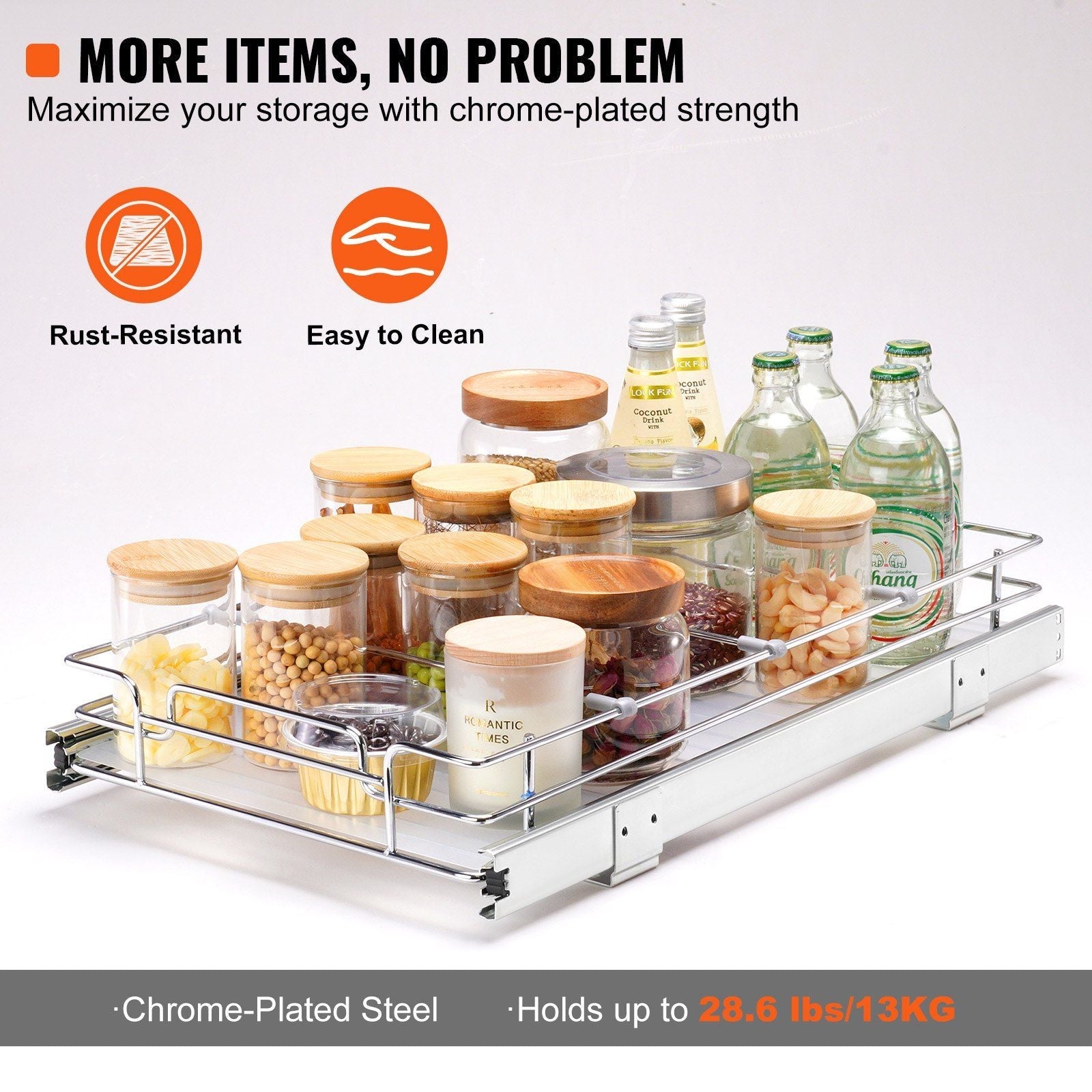 VEVOR 11"Wx21"Dx2.5"H Pull Out Cabinet Organizer, Heavy Duty Slide Out Pantry Shelves, Steel Roll Out Drawers, Sliding Drawer Storage for Home Under Sink, 13.5"Wx22"Dx7"H Install Size for Cabinet