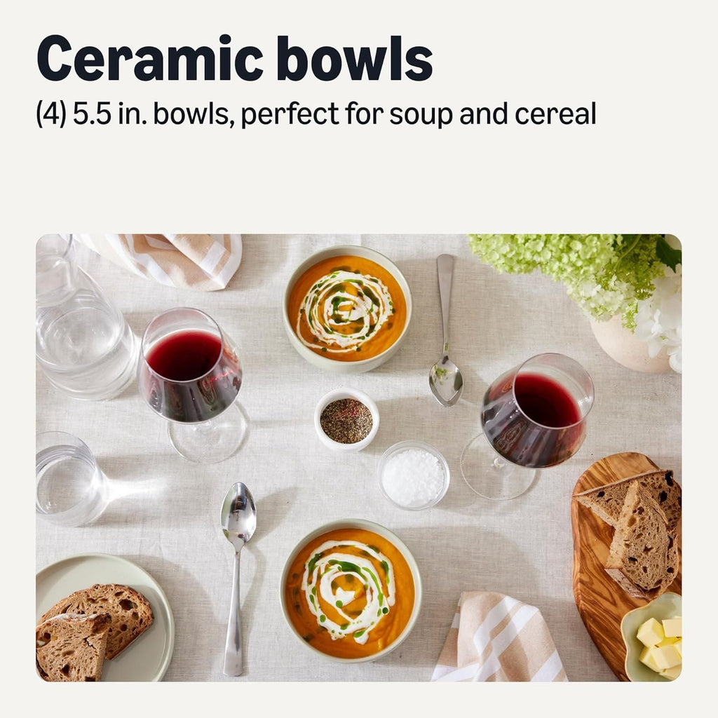 Basics Glazed Stoneware Bowls, 4-Piece Set, Microwave and Dishwasher-Safe, 5.5 in., Ivory