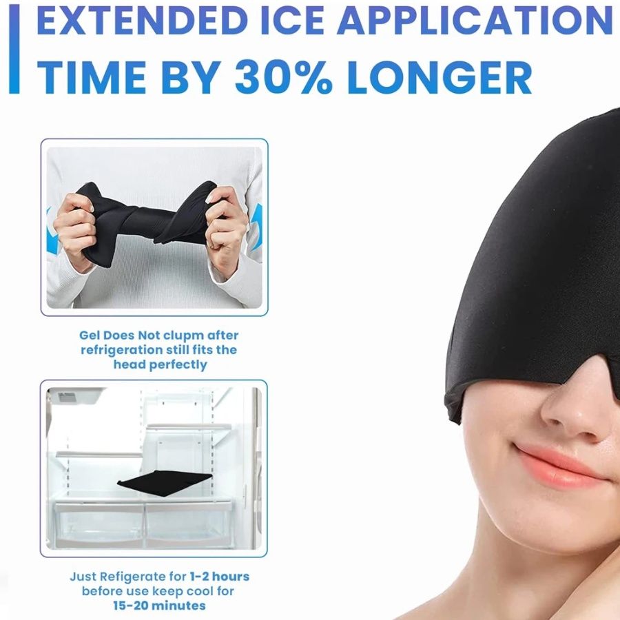 360° Migraine Relief Gel Hat - Hot Cold Therapy Pain Mask for Instant Relief & Pressure Release with Eye Masks Included