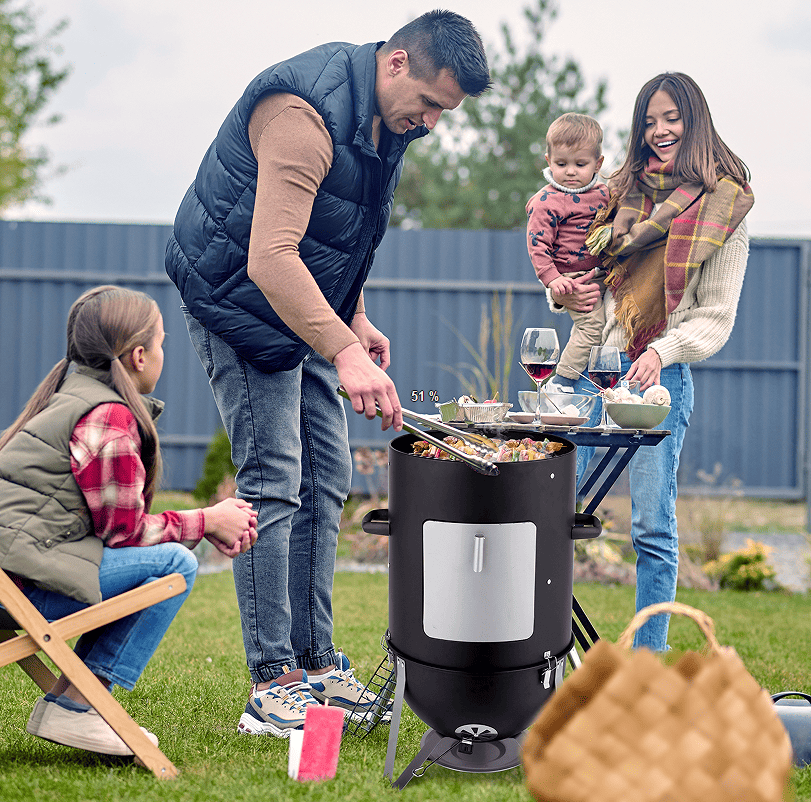60608693 outdoor three-layer elliptical cylinder oven, temperature table control, exquisite technology, 3 in 1 iron carbon oven, portable charcoal grill, vertical steel charcoal smoke,