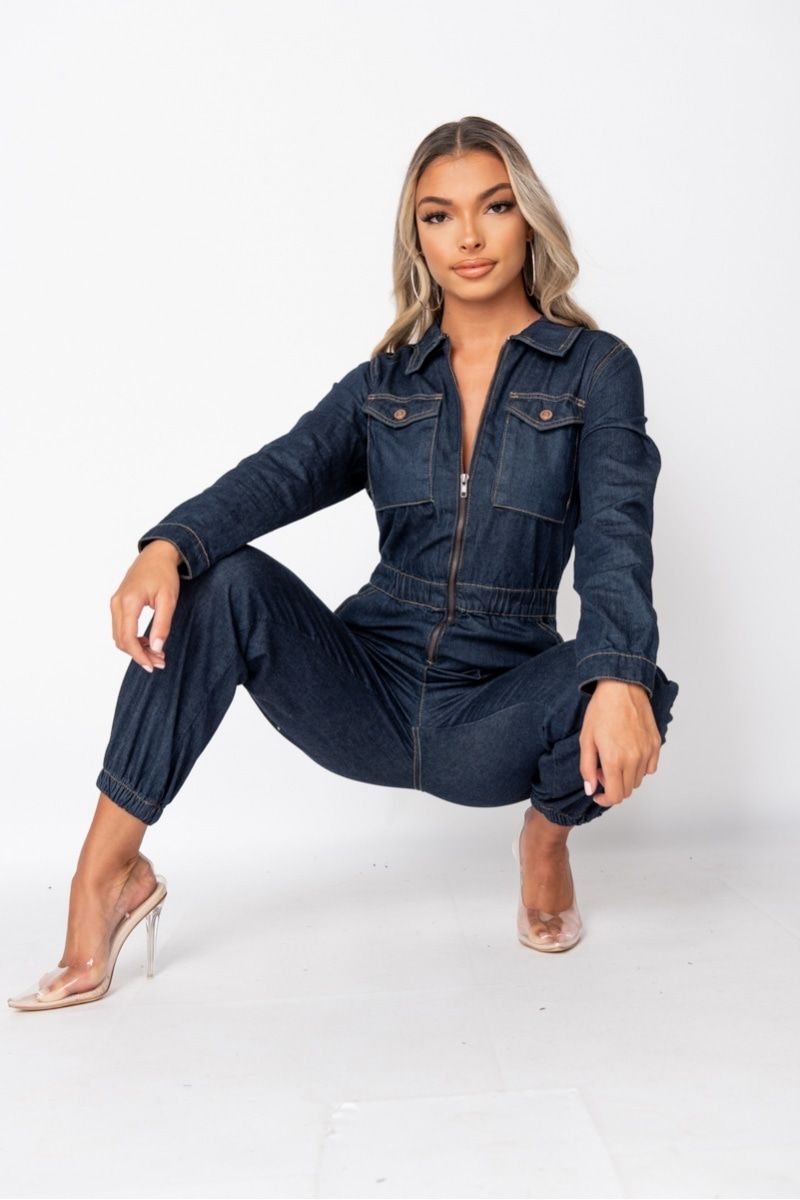 Indigo Zip Front Elasticated Hem Long Sleeve Denim Jumpsuit