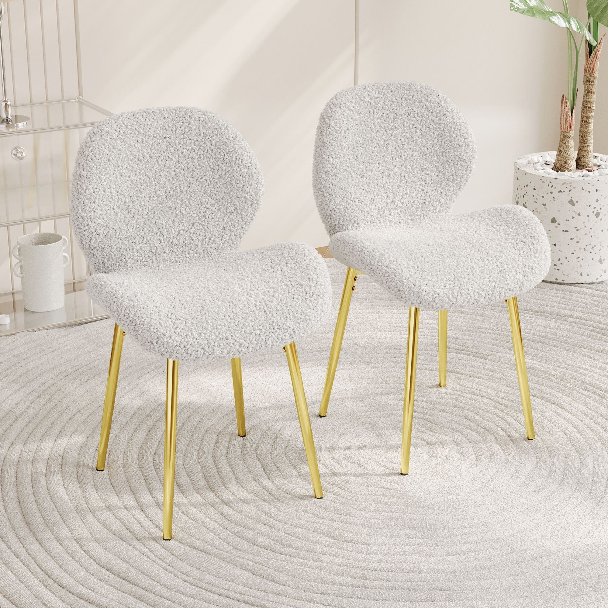 Modern minimalist white teddy velvet Dining Chairs Set of 2 with sturdy gold metal legs and comfortable backrest design, suitable for restaurants, kitchens, and offices.