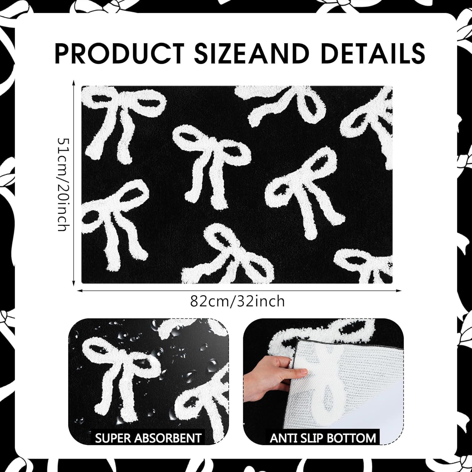 Bow Coquette Cute Bath Mat (20 X 32 Inch) – Non-Slip Absorbent Bathroom Rug For Vanity, Shower, Bedroom & Kitchen | Perfect Christmas Holiday Decor & Gift