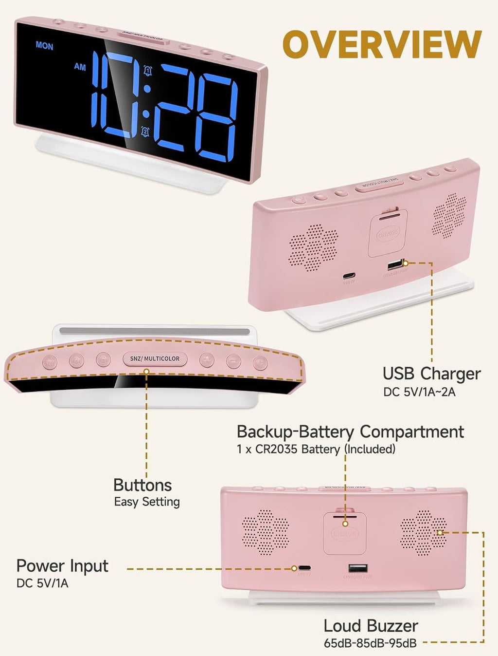 Modern Curved Cute Digital Alarm Clock,Colorful Led Display,Adjustable Volume,Weekday/Weekend Mode,Simple Clock for Bedrooms Bedside,Ok to Wake Up for Girls,Kids,Teens (Pink+Dynamic)