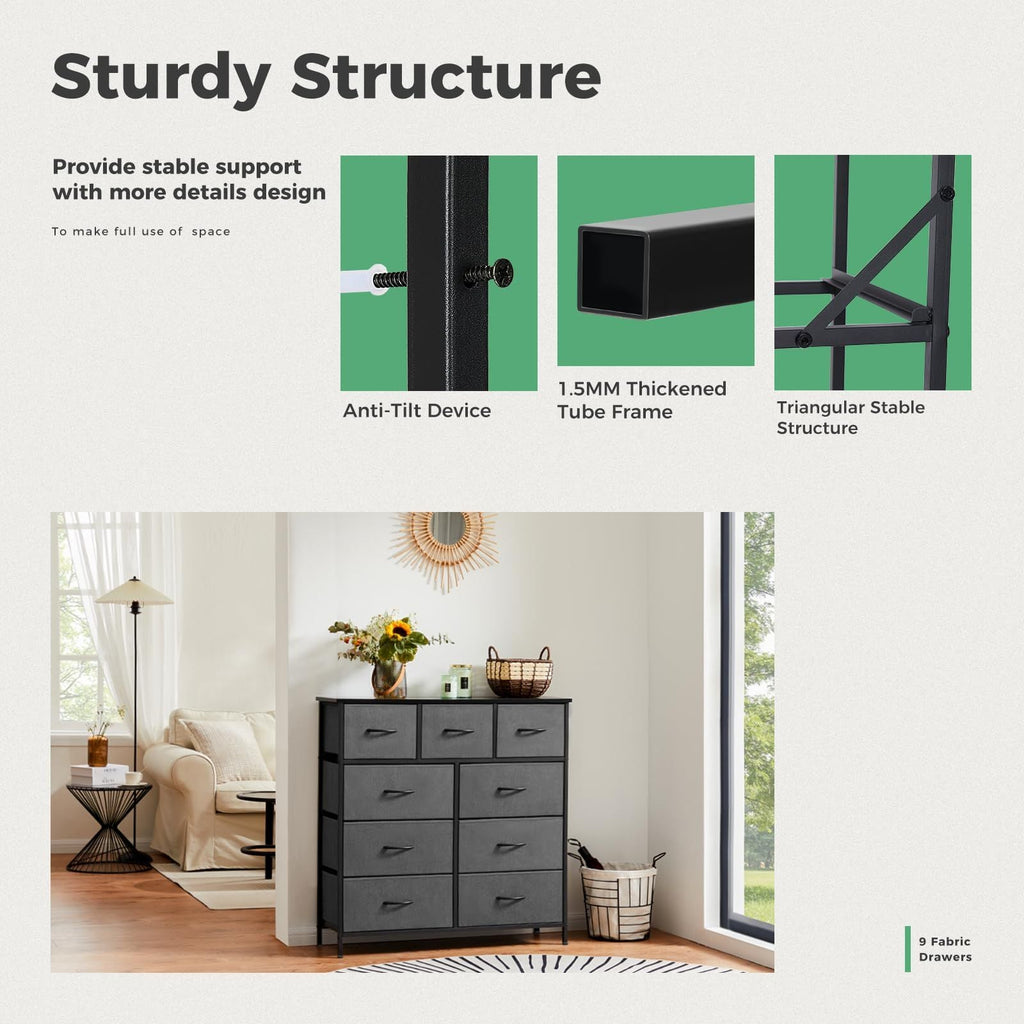 Dresser For Bedroom With 9 Fabric Storage Drawer Wardrobe Tall Chest Organizer Closet Adult Kids Clothes Cabinet Furniture