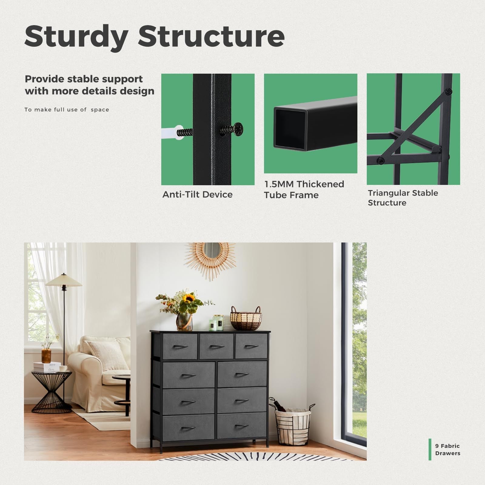 Dresser For Bedroom With 9 Fabric Storage Drawer Wardrobe Tall Chest Organizer Closet Adult Kids Clothes Cabinet Furniture