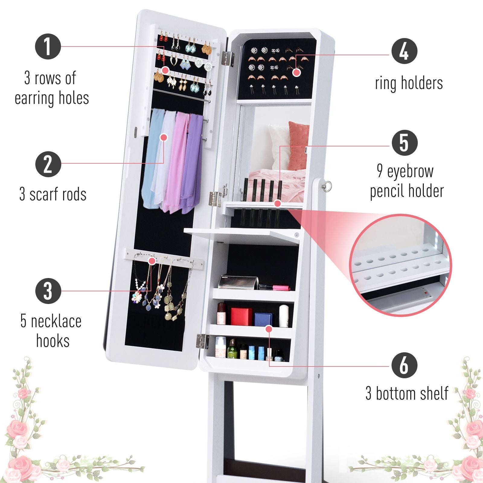 Mirrored Jewelry Armoire LED Lights Freestanding Organizer Adjustable Angle Lockable Cabinet White