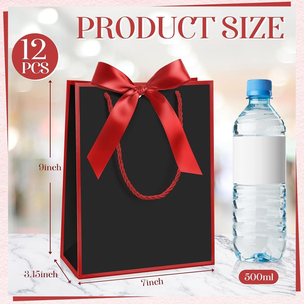 12 Pcs Paper Gift Bags with Handle 9x7x3.15'' Thank You Gift Bags with Bow Ribbon for Holiday Valentines Wedding Bridal Baby Shower Birthday Party