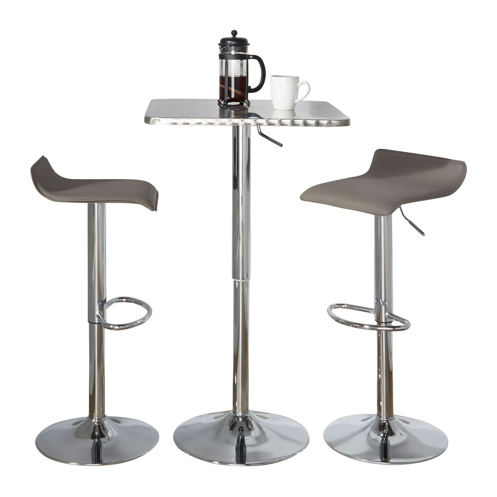 Bistro Square-Ale Contemporary Adjustable Bar Set in Silver and Chrome Metal with Grey PVC and Oval Footrest by - 3 Piece