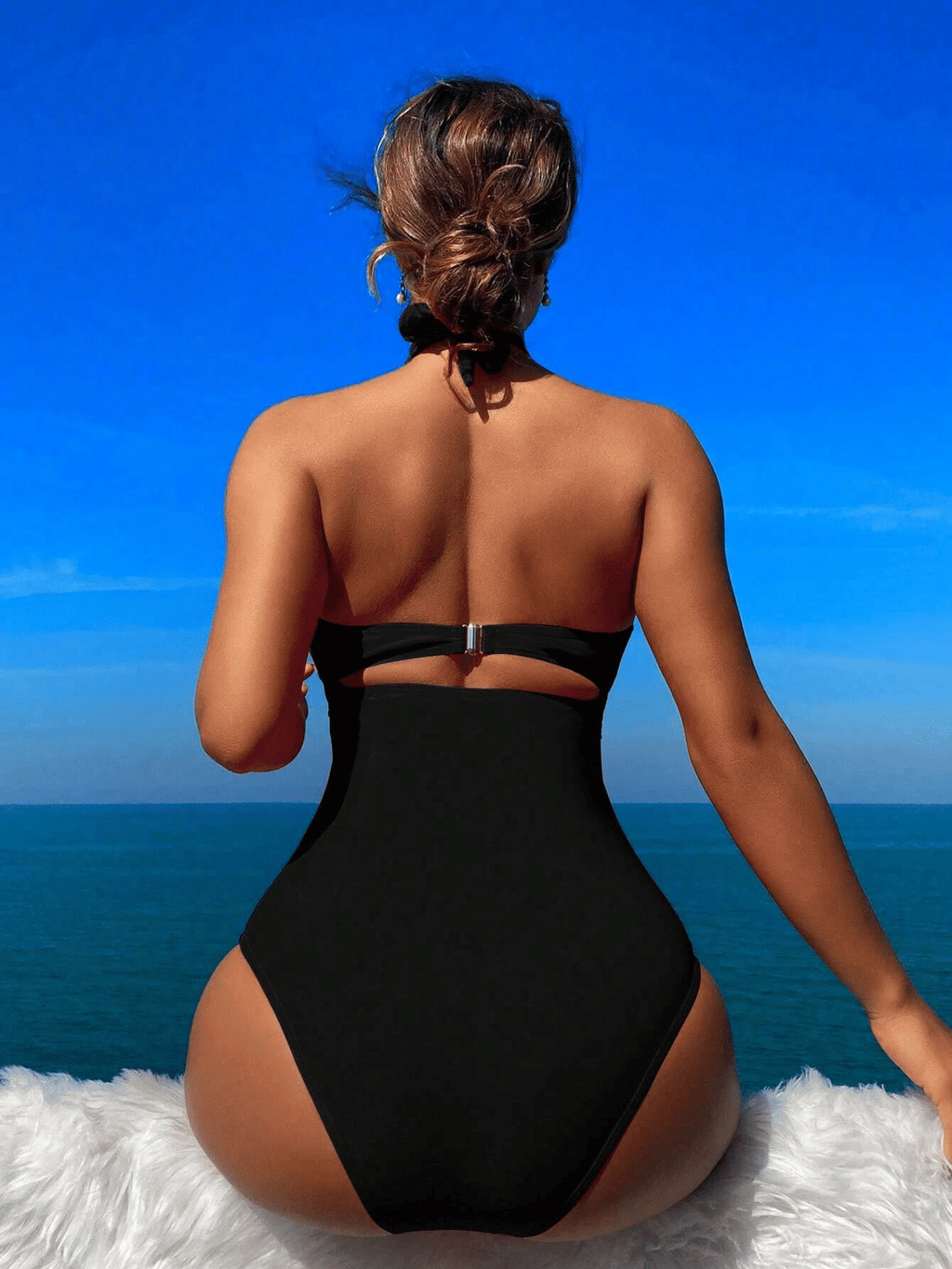 Ladies' cross pleated sexy hanging neck and exposed waist one-piece bikini swimsuit