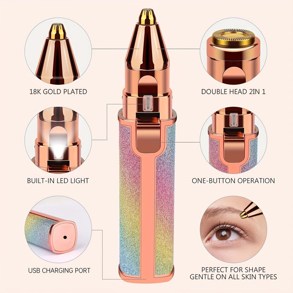 2-in-1 Eyebrow Razor for Women - Painless and Precision Facial Hair Removal with USB Rechargeable Trimmer and Built-in LED Light - Perfect for Nose, Lips, and Body