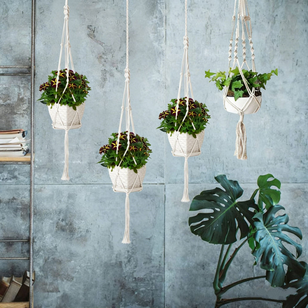 4 PCS Heavy Duty Hanging Plant Holder Natural Cotton Rope Planter Basket with Hanging Ring,Eco-Friendly Hanging Planter Basket Durable Cotton Rope Plant Hanger Space Saving for Indoor Outdoor Garden