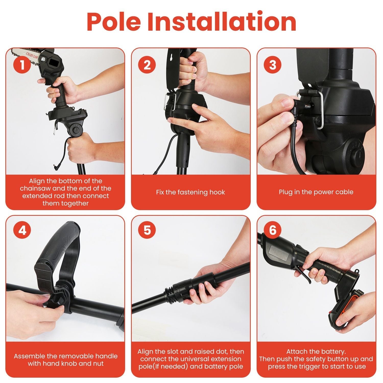 3-in-1 Cordless Electric Pole Saw & Mini Chainsaw & Grass Trimmer Kit with Adjustable Length 2Pcs 21V 1500mAh Batteries 4in/6in Chains Saw Blade 5Pcs Plastic Blades