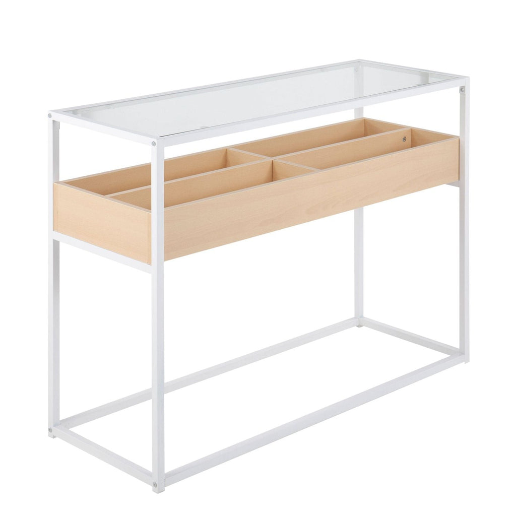 Display Contemporary Console Table in White Metal, Natural Wood, and Clear Glass by