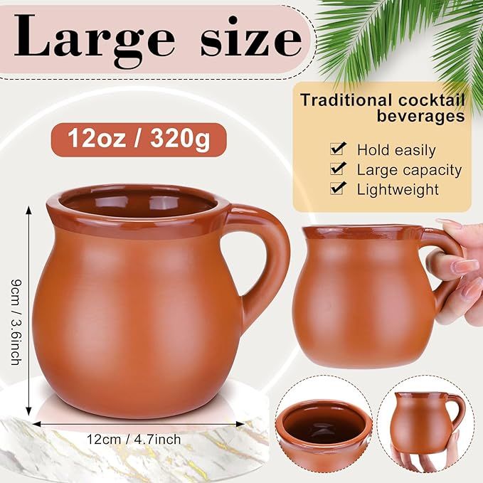 Pack of 6 12 oz Cantaritos De Barro Clay Cups Mexican Clay Mugs Fiesta De Barro Mexicanos Coffee Mugs, Cocktail Glasses and Tea Cups for Tequila, Margaritas, Mojitos Cold Hot Drinks (Brick Red)