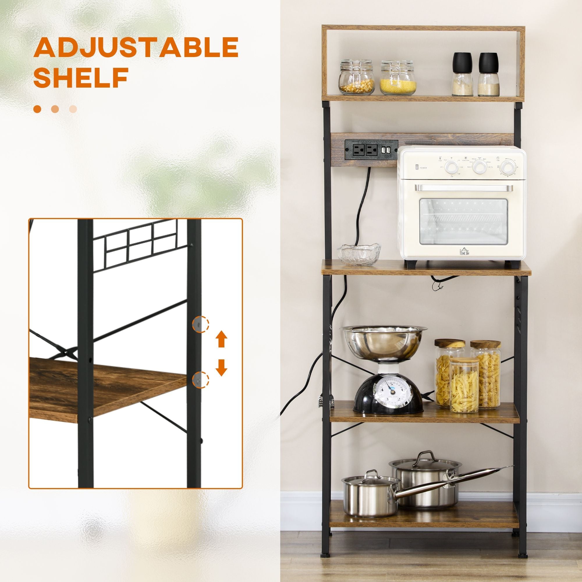 HOMCOM Baker's Rack with Power Outlet, USB Charging, Microwave Stand, Coffee Bar & Adjustable Shelves