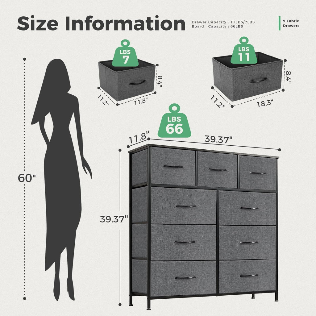 Dresser For Bedroom With 9 Fabric Storage Drawer Wardrobe Tall Chest Organizer Closet Adult Kids Clothes Cabinet Furniture