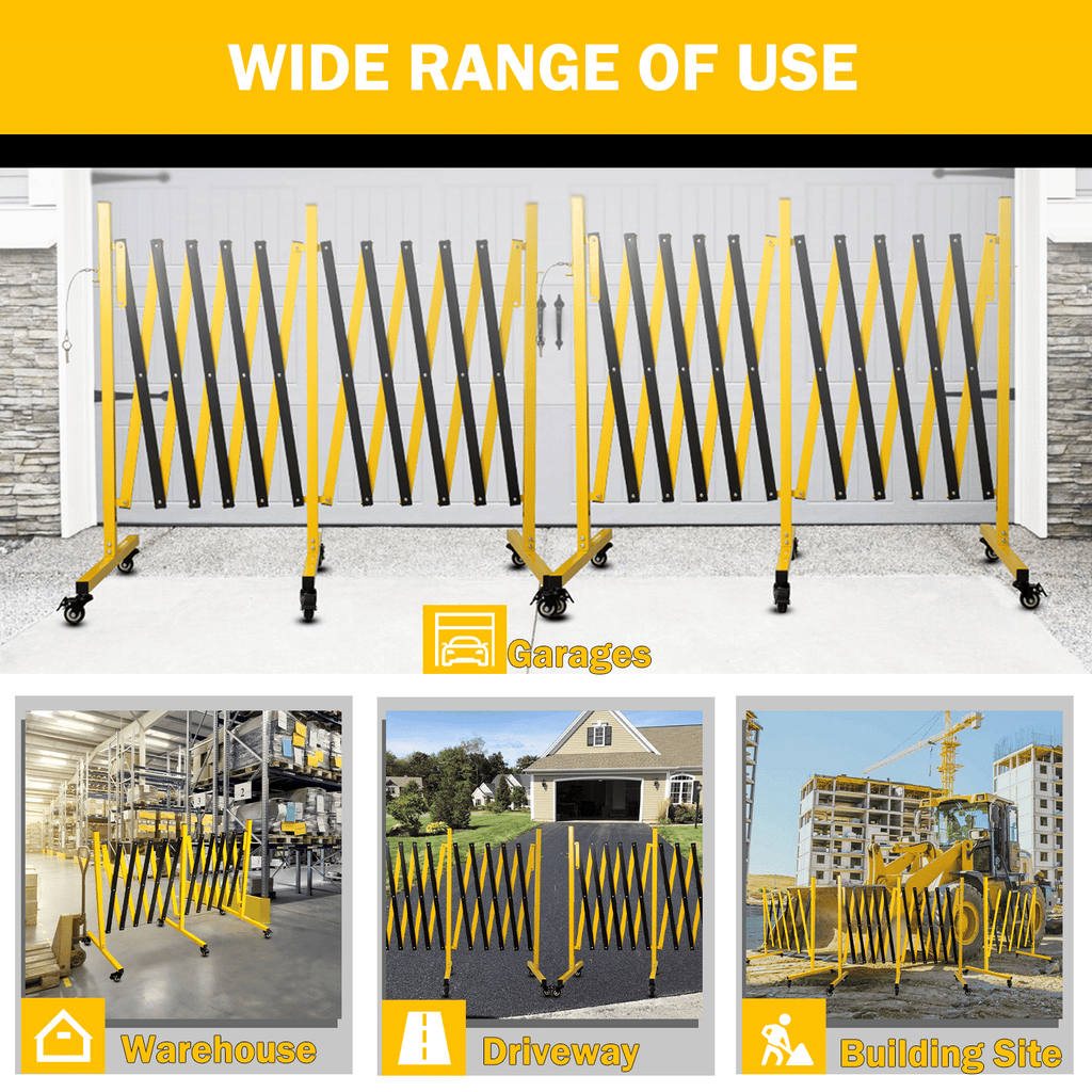 Metal Expandable Barricade,Folding Security Gate Safety Barrier with Casters,Mobile Barrier Gate, Adjustable Traffic Fence for Road Construction, Traffic Control,Cordon,Pool,Yellow Black