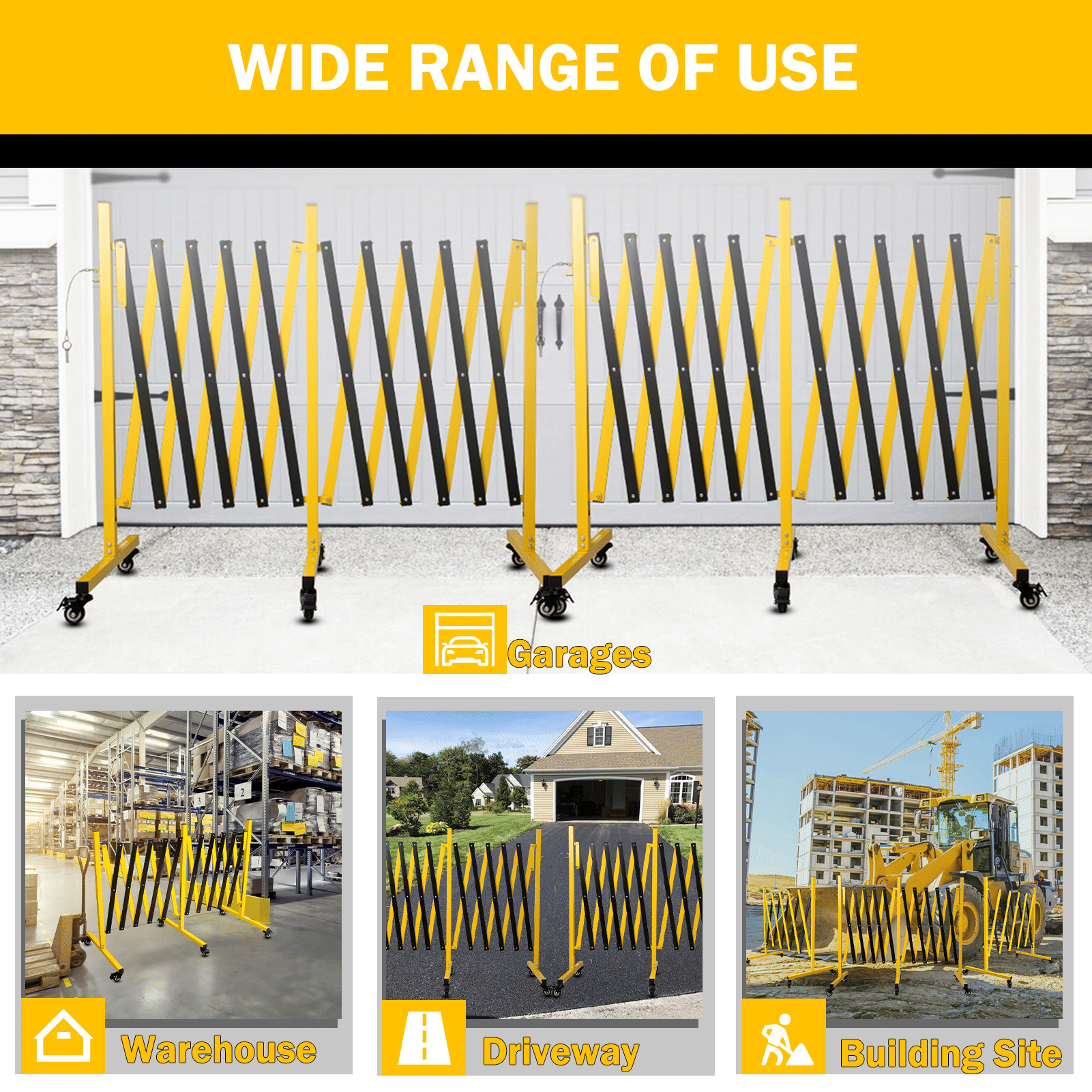 Metal Expandable Barricade,Folding Security Gate Safety Barrier with Casters,Mobile Barrier Gate, Adjustable Traffic Fence for Road Construction, Traffic Control,Cordon,Pool,Yellow Black