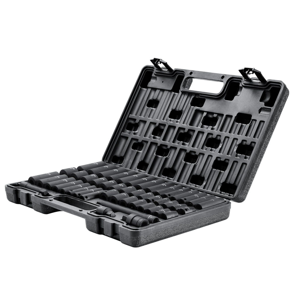 VEVOR 3/8" Drive Impact Socket Set, 48 Piece Socket Set SAE (5/16" -3/4") & Metric (8-22mm)6 Point Cr-V Drive Extension Bar Universal Joint & Power Drill Adapter Includes Storage Case