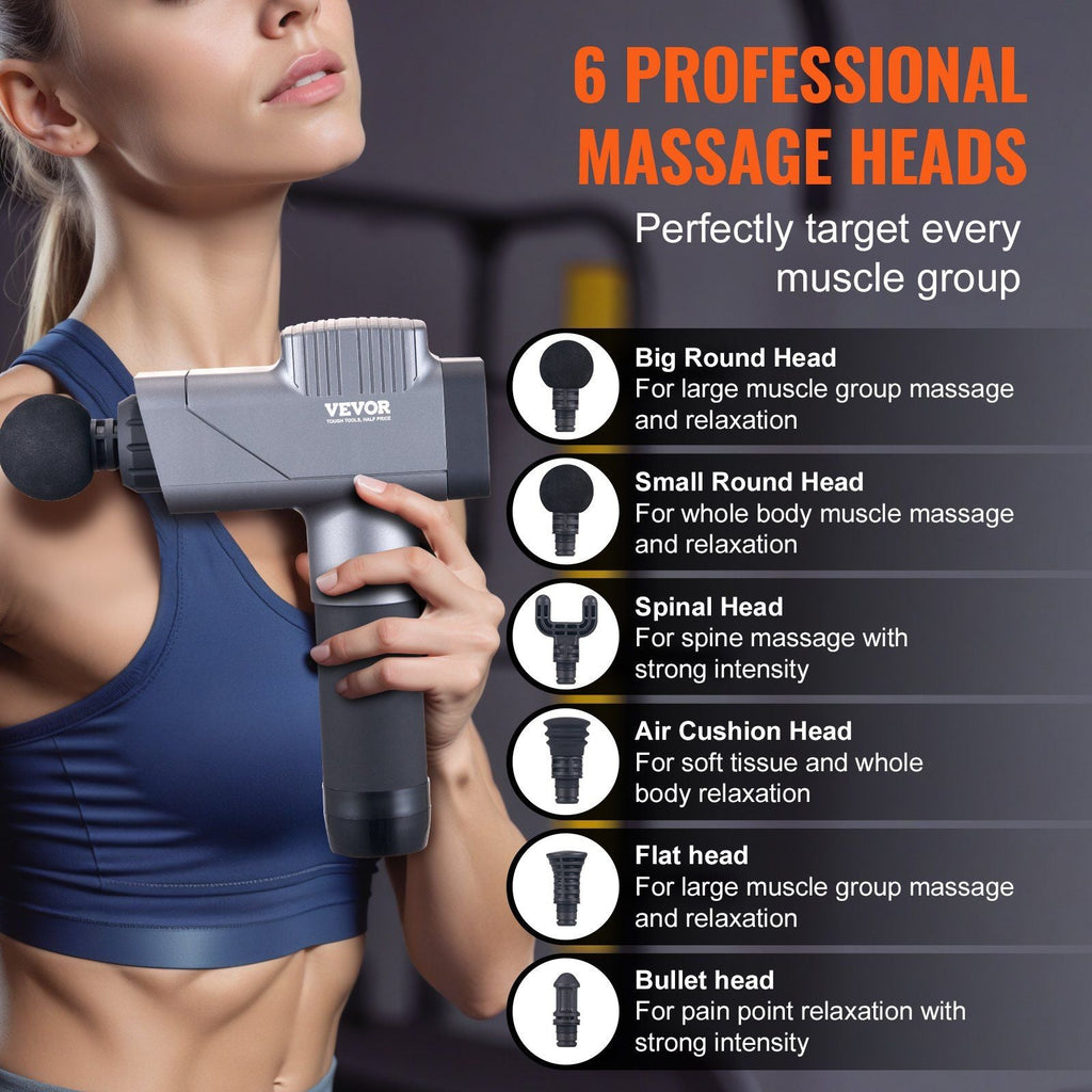 VEVOR Deep Tissue Percussion Massage Gun - 8 Speeds & 6 Heads for Athletes, Portable Handheld Massager for Pain Relief & Muscle Recovery