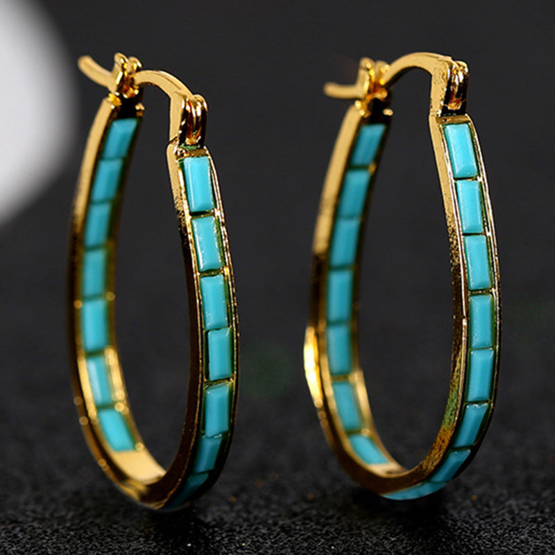 U Shape Hoop Earrings Inlaid Square Shape Synthetic Gems Fashion Piercing Earrings Jewelry 1 Pair