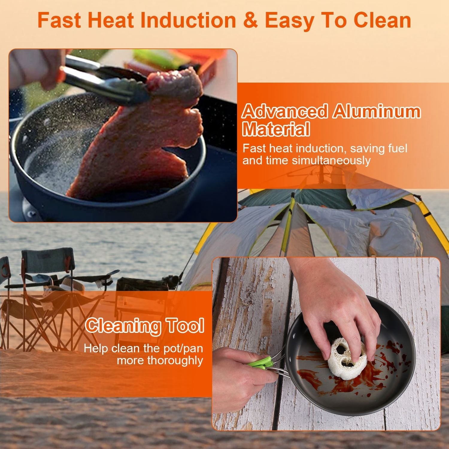 Camping Cooking Ware Set of 16Pcs Camping Stove Cookware Kit Aluminum Kettle with Bowls Knife Fork Spoon Carabiner Spatula Cutting Board for Hiking Picnic Outdoor